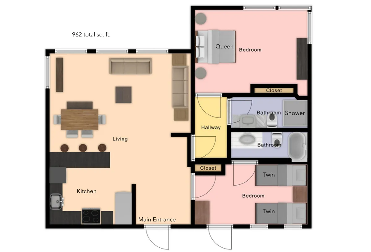 An inviting open-plan interior featuring a kitchen, living area, and glimpses into bedrooms and bathrooms. The space is designed for comfort, group gatherings, and self-catering.